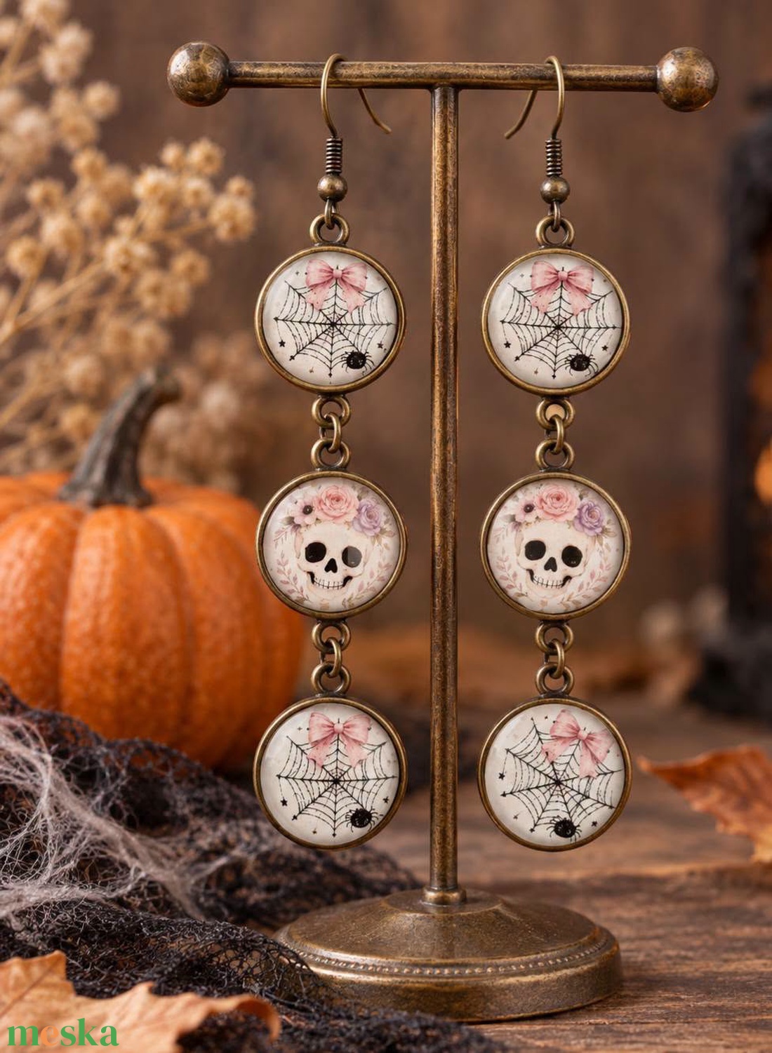  Pókhálós�koponyás 3 soros fülbevaló - otthon & életmód - dekoráció - halloween - halloweeni ékszerek - Meska.hu