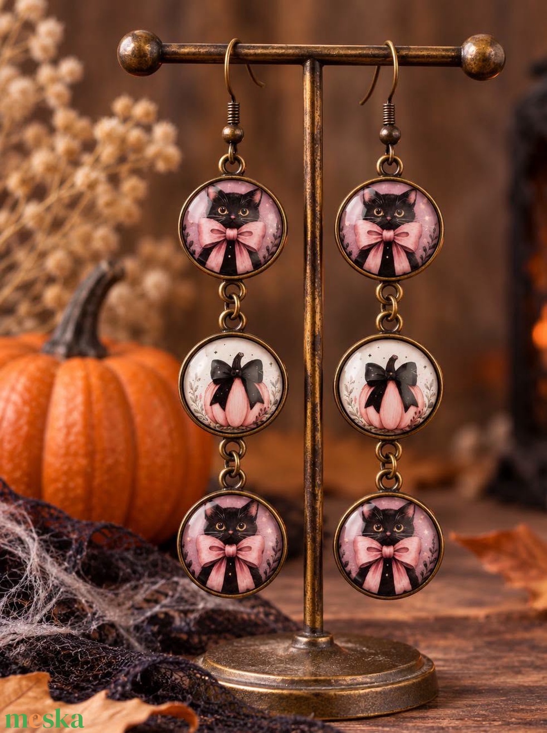 �� Cicás�tökös 3 soros fülbevaló - otthon & életmód - dekoráció - halloween - halloweeni ékszerek - Meska.hu