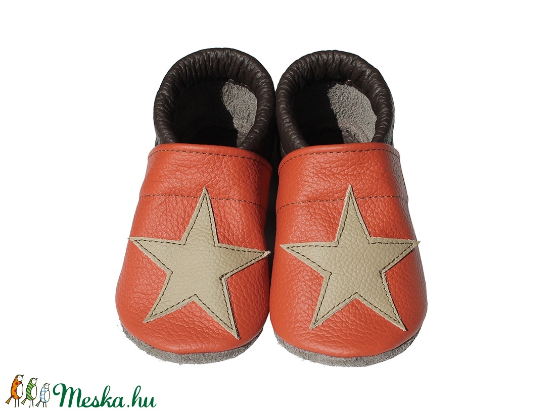 Készleten lévő bőr puhatalpú babacipő - 21-es méret - Csillagos/Téglavörös/Sötétbarna -  - Meska.hu