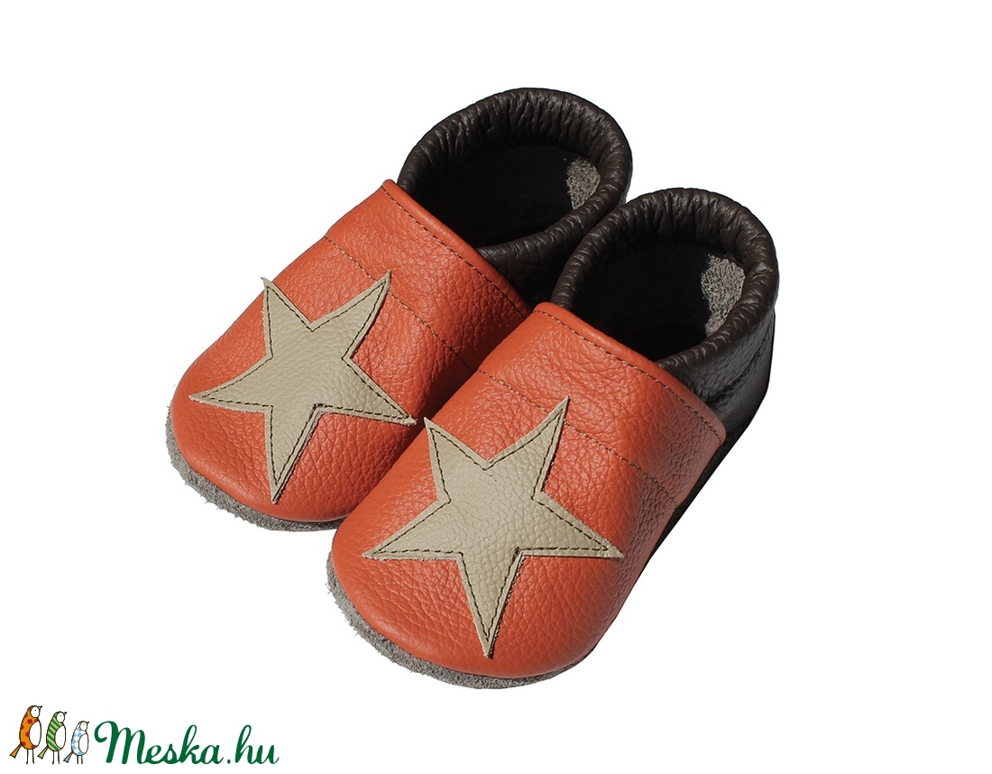 Készleten lévő bőr puhatalpú babacipő - 21-es méret - Csillagos/Téglavörös/Sötétbarna -  - Meska.hu