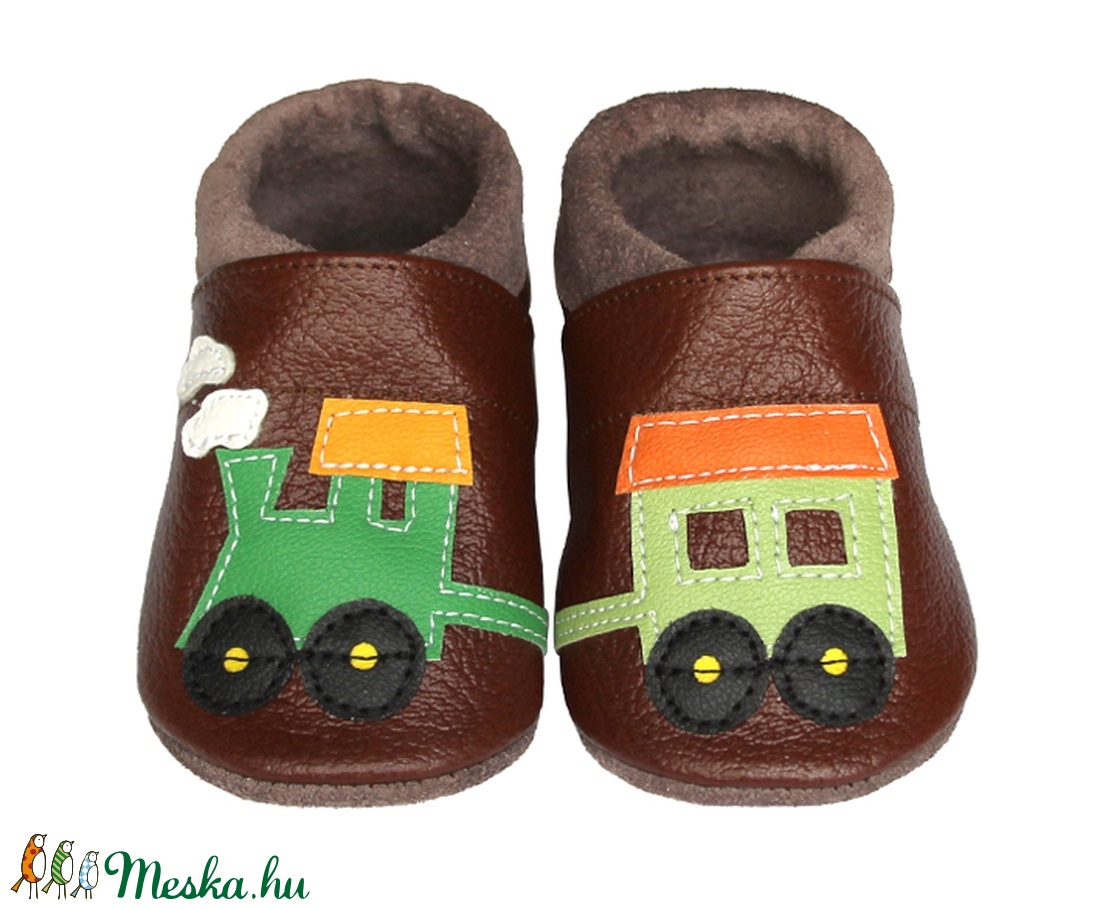 Hopphopp puhatalpú cipő - Vonatos/barna - ruha & divat - babaruha & gyerekruha - babacipő - Meska.hu