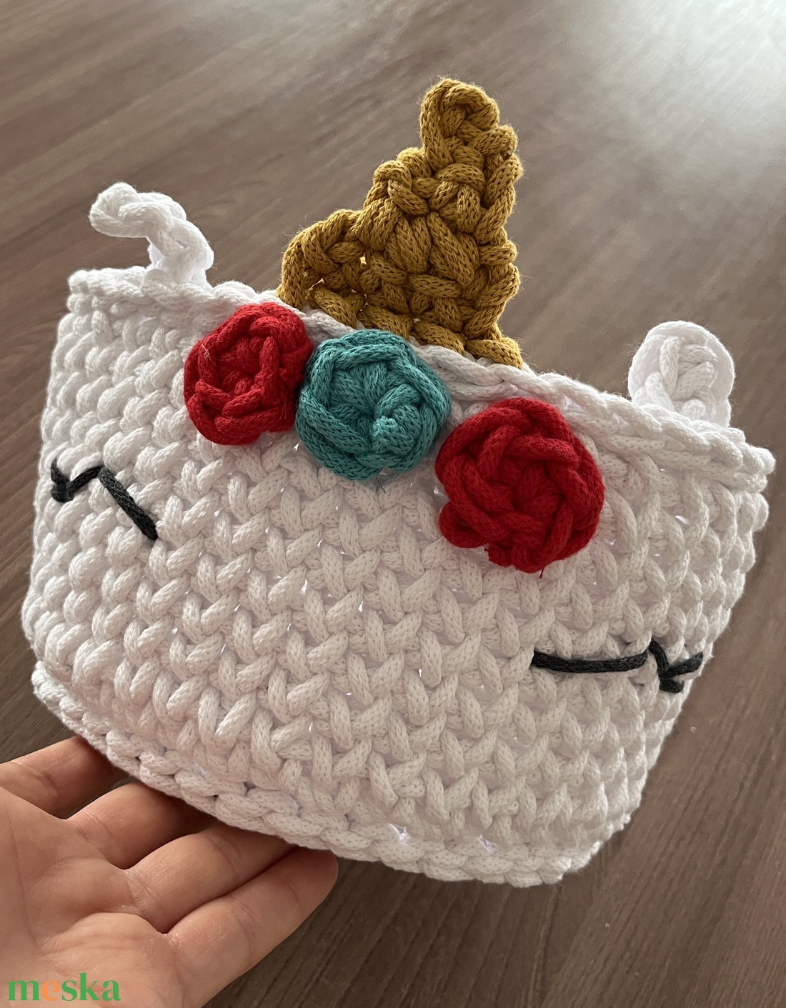 Horgolt unikornis kosár  - otthon & életmód - tárolás & rendszerezés - tárolókosár - Meska.hu