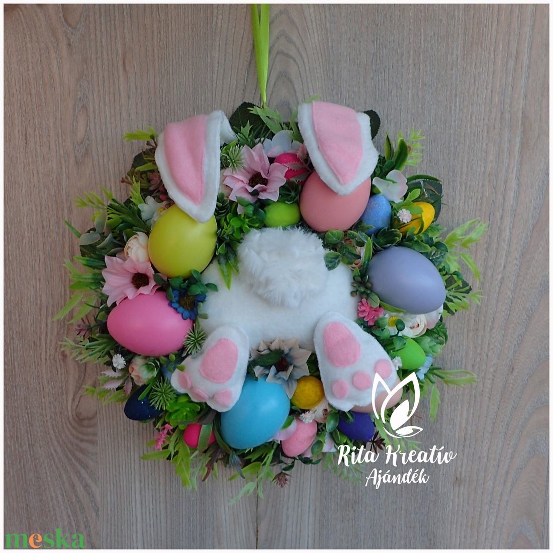 Nyuszi popós tojásos húsvéti koszorú - kellékek & szerszámok - dekorációs kellékek - koszorú, koszorúalap - Meska.hu