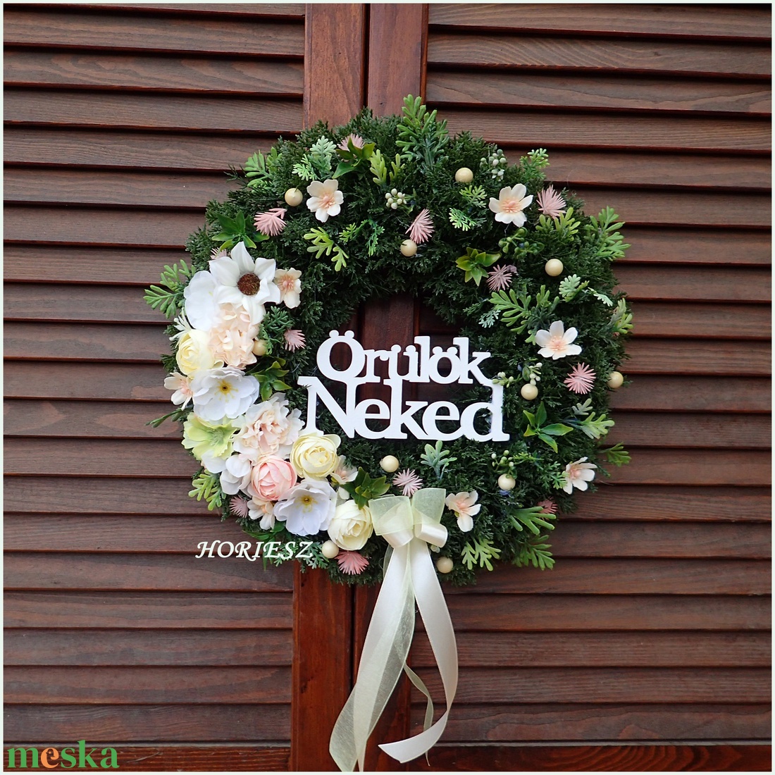Virágos örülök neked koszorú  - otthon & életmód - dekoráció - ajtó- és ablak dekoráció - ajtódísz & kopogtató - Meska.hu