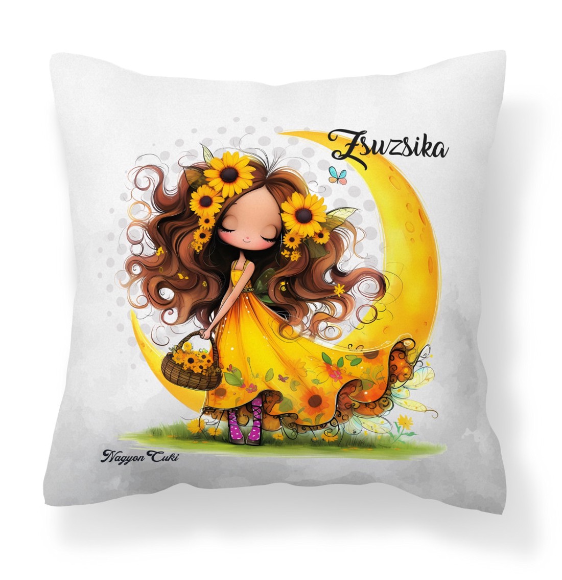 Névvel kérhető - Cuki Napraforgós tündérlány kosárral mintás párna - otthon & életmód - lakástextil - párna & párnahuzat - díszpárna (belsővel együtt) - Meska.hu