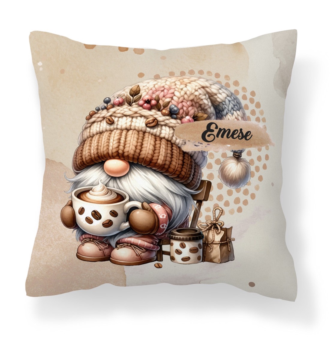 Névvel kérhető - Cappucino kávés manó mintás párna - otthon & életmód - lakástextil - párna & párnahuzat - díszpárna (belsővel együtt) - Meska.hu