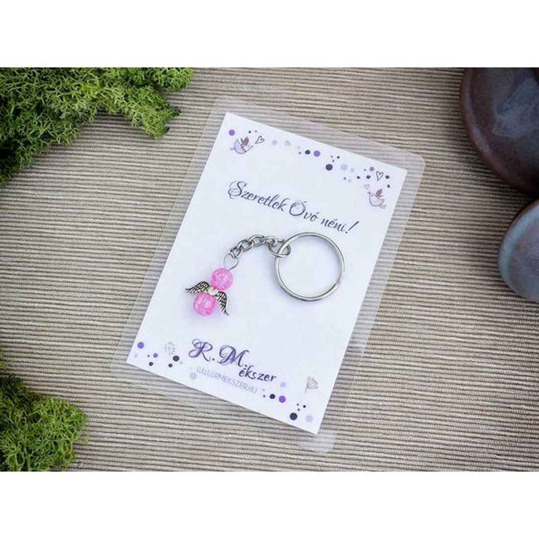 Szeretlek Óvó néni rózsaszín angyal medálos kulcstartó - táska & tok - kulcstartó & táskadísz - kulcstartó - Meska.hu