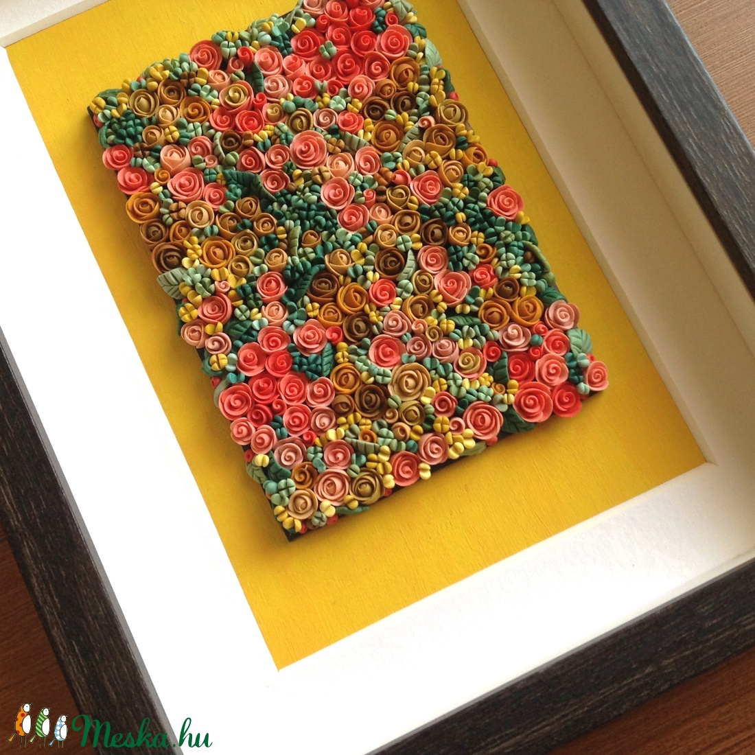 Sárga-korall virágtenger - 3D kép süthető gyurmából (M) - otthon & lakás - dekoráció - kép & falikép - Meska.hu