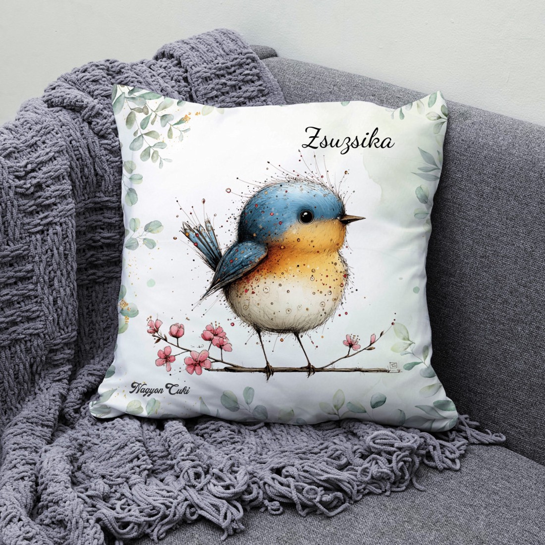 Névvel kérhető - Aranyos kék cinege, a fürge akrobata mintás párna - otthon & életmód - lakástextil - párna & párnahuzat - díszpárna (belsővel együtt) - Meska.hu