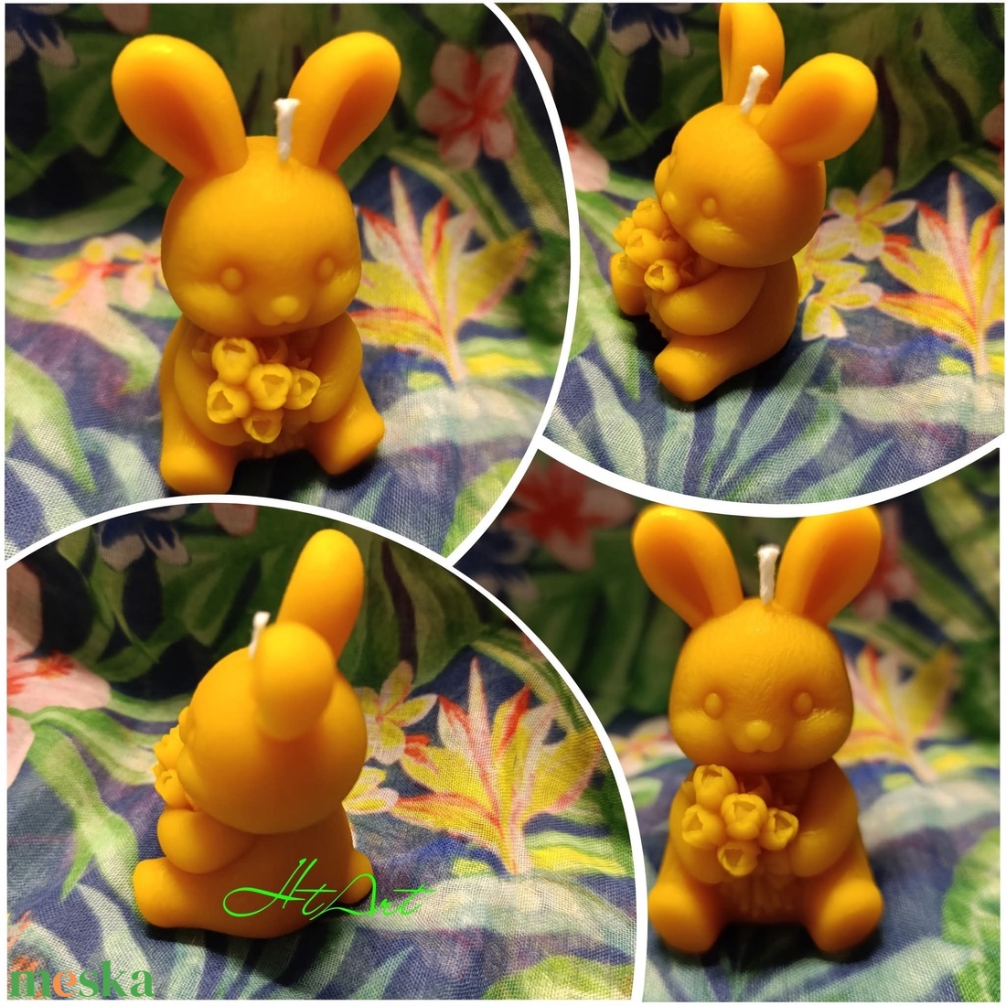 Tömör nyuszi gyertya virágokkal  - kellékek & szerszámok - dekorációs kellékek - dekorációs gyertya - Meska.hu