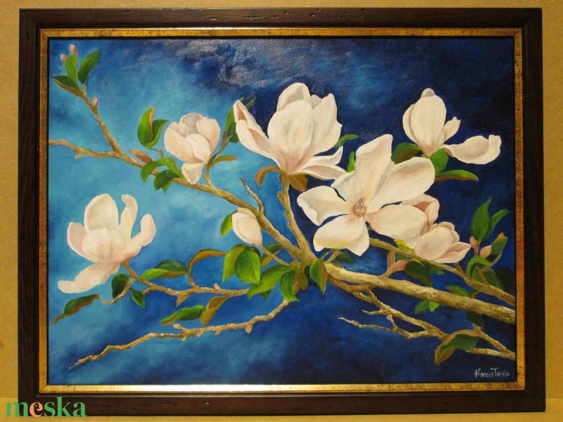 Éjféli magnóliák I. , olajfestmény keretben - művészet - festmény - olajfestmény - Meska.hu