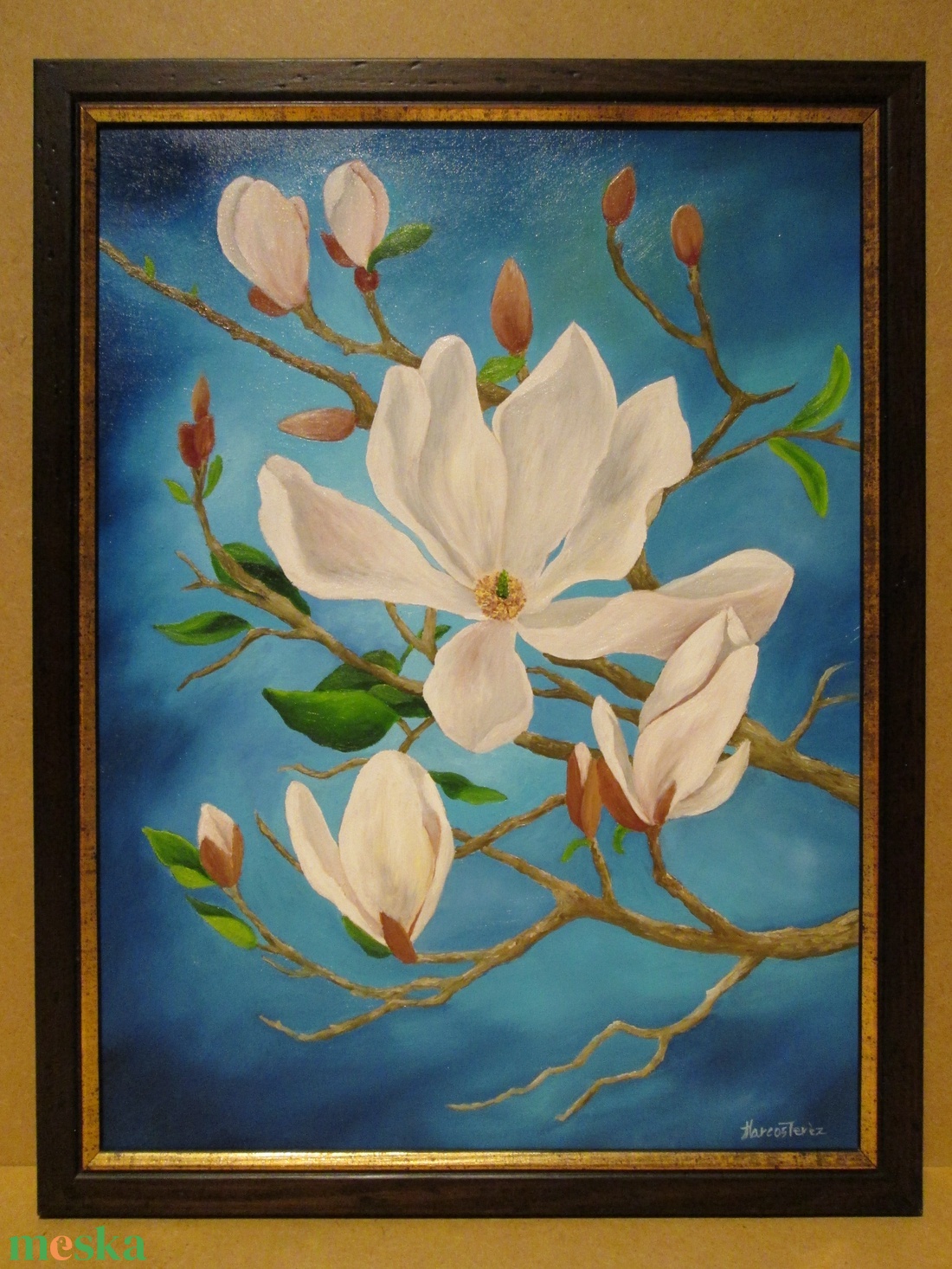 Éjféli magnóliák II. olajfestmény keretben - művészet - festmény - olajfestmény - Meska.hu