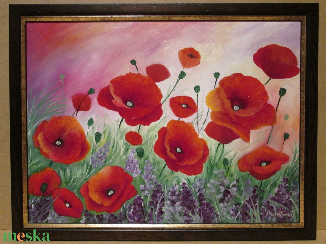 Pipacsok a szélben , Olajfestmény keretben - művészet - festmény - olajfestmény - Meska.hu