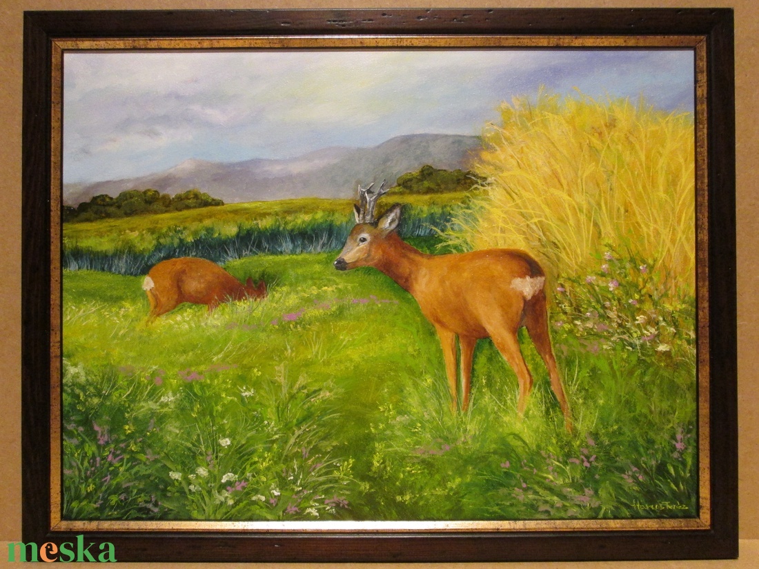 Őzek a mezőn , olajfestmény keretben - művészet - festmény - olajfestmény - Meska.hu