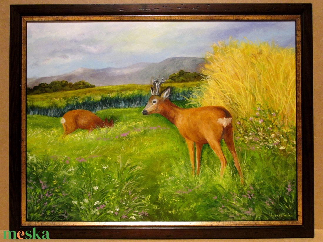 Őzek a mezőn , olajfestmény keretben - művészet - festmény - olajfestmény - Meska.hu