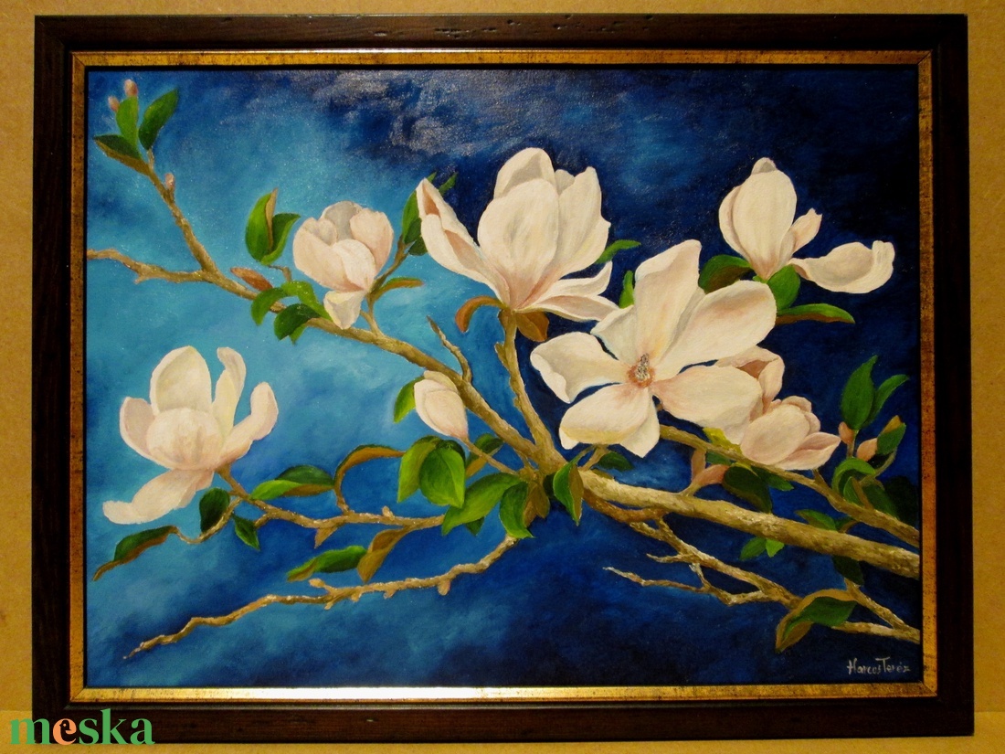 Éjféli magnóliák I. , olajfestmény keretben - művészet - festmény - olajfestmény - Meska.hu