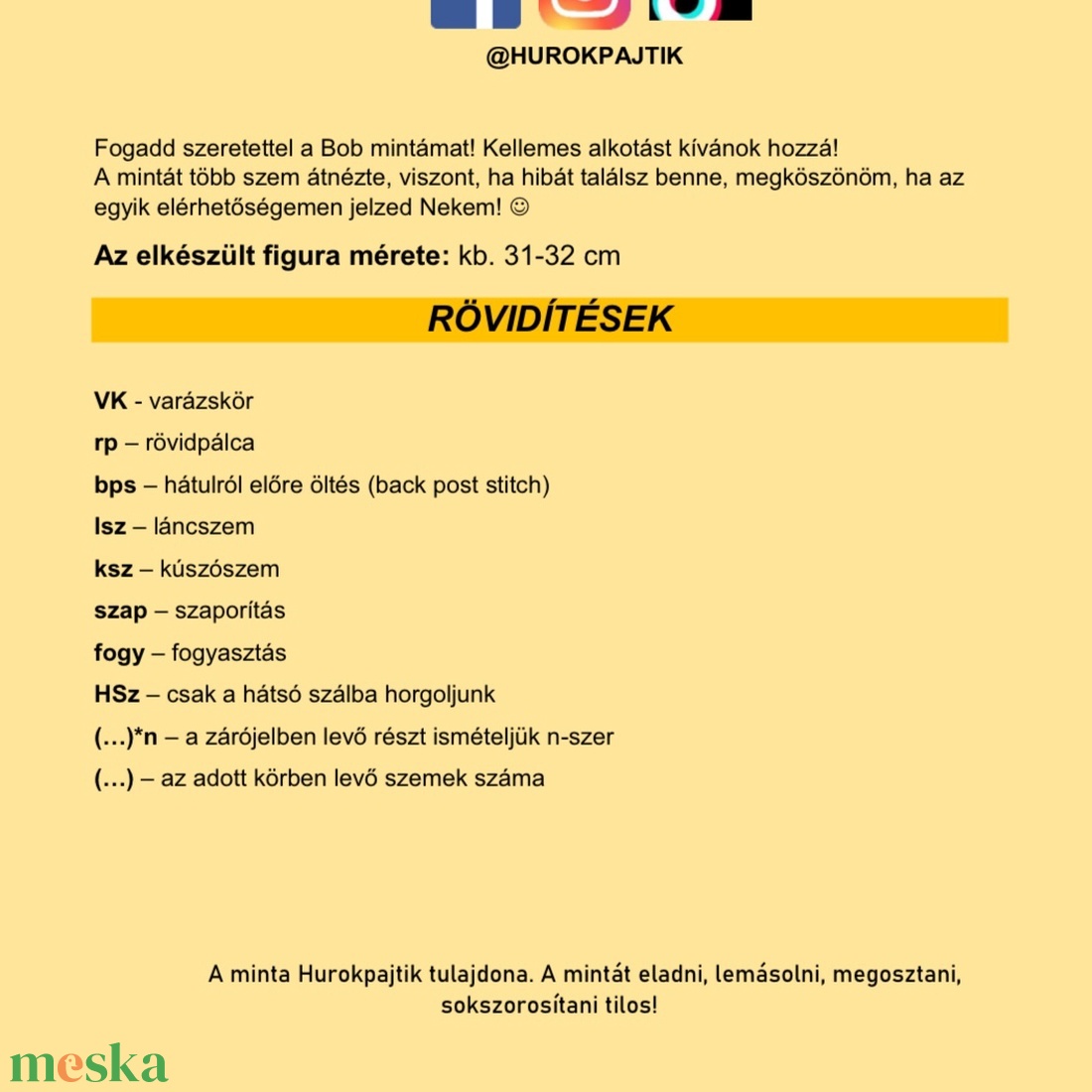 PDF Bob horgolás minta - diy (csináld magad) - szabásminta, útmutató - horgolási minta - Meska.hu PDF Bob horgolás minta - diy (csináld magad) - szabásminta, útmutató - horgolási minta - Meska.hu