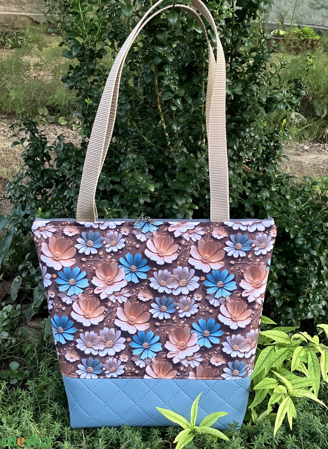 Egyedi barna-kék virág mintás válltáska  - táska & tok - kézitáska & válltáska - válltáska - Meska.hu