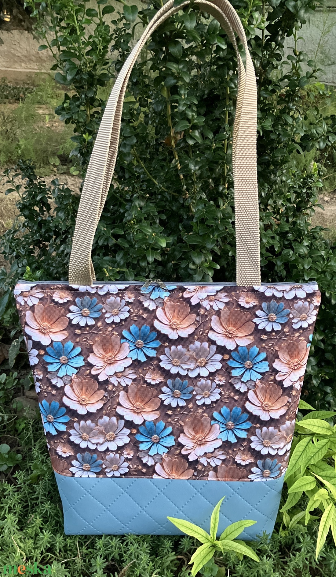 Egyedi barna-kék virág mintás válltáska  - táska & tok - kézitáska & válltáska - válltáska - Meska.hu