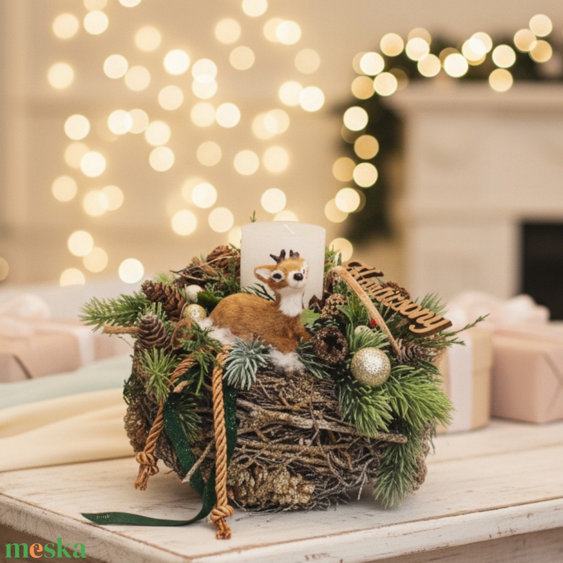 Kis őzikés karácsonyi dekor  rusztikus gyertyával - karácsony - karácsonyi lakásdekoráció - ünnepi asztaldekoráció - Meska.hu