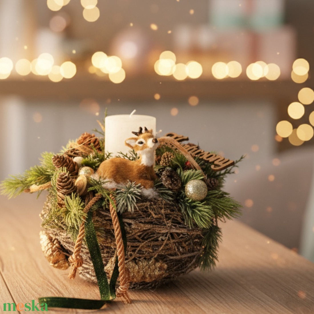 Kis őzikés karácsonyi dekor  rusztikus gyertyával - karácsony - karácsonyi lakásdekoráció - ünnepi asztaldekoráció - Meska.hu