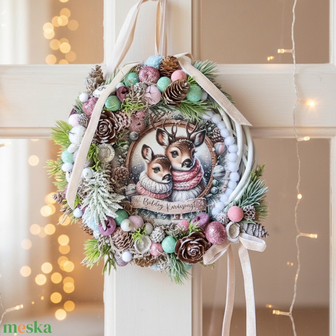 Őzikés Karácsonyi Pasztell Kopogtató  világítással (20 cm) - karácsony - adventi díszek - adventi ajtódísz - Meska.hu