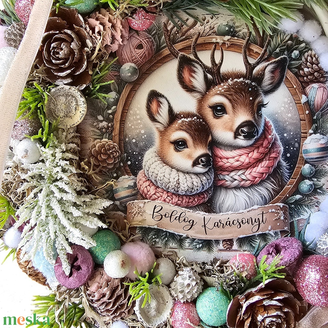 Őzikés Karácsonyi Pasztell Kopogtató  világítással (20 cm) - karácsony - adventi díszek - adventi ajtódísz - Meska.hu