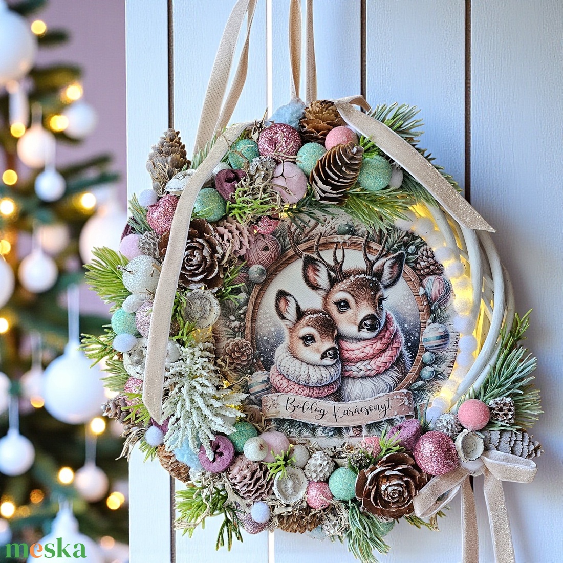 Őzikés Karácsonyi Pasztell Kopogtató  világítással (20 cm) - karácsony - adventi díszek - adventi ajtódísz - Meska.hu