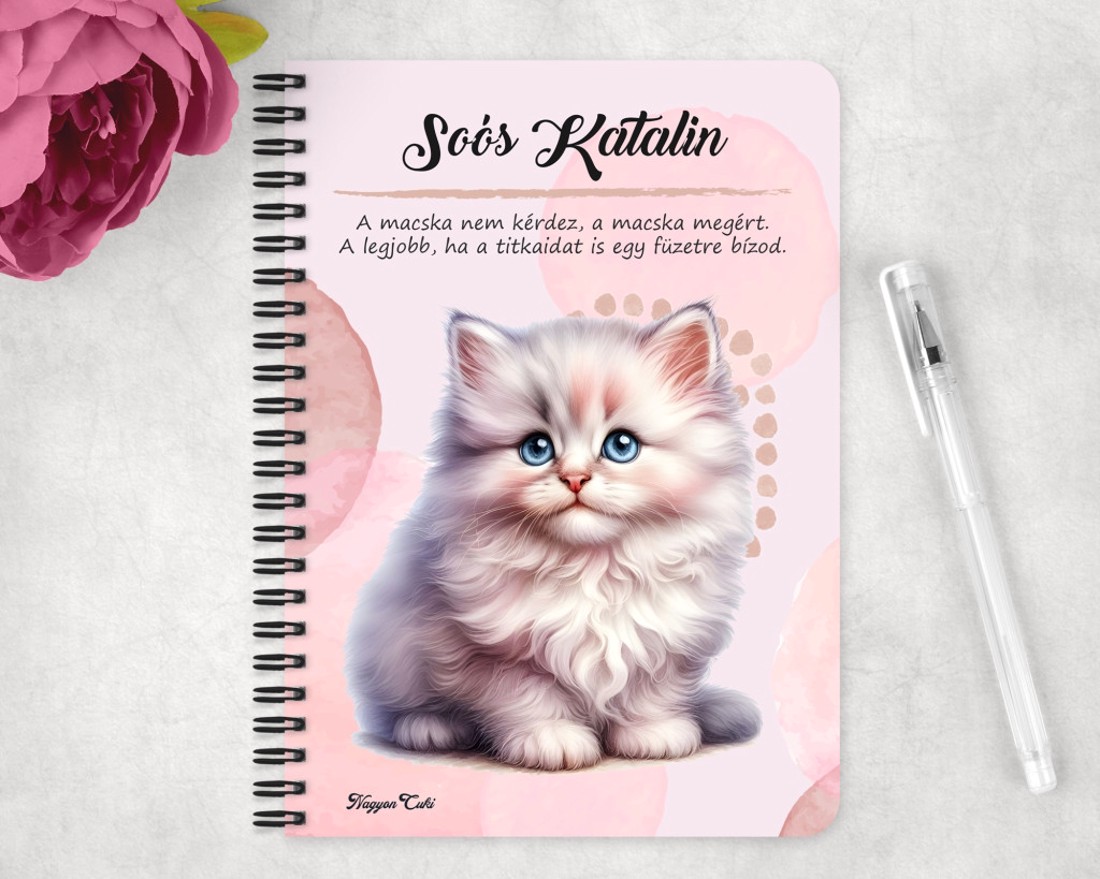 Személyre szabható - Fehér hosszúszőrű cuki cicus mintás A5-ös füzet - otthon & életmód - papír, írószer - jegyzetfüzet & napló - Meska.hu