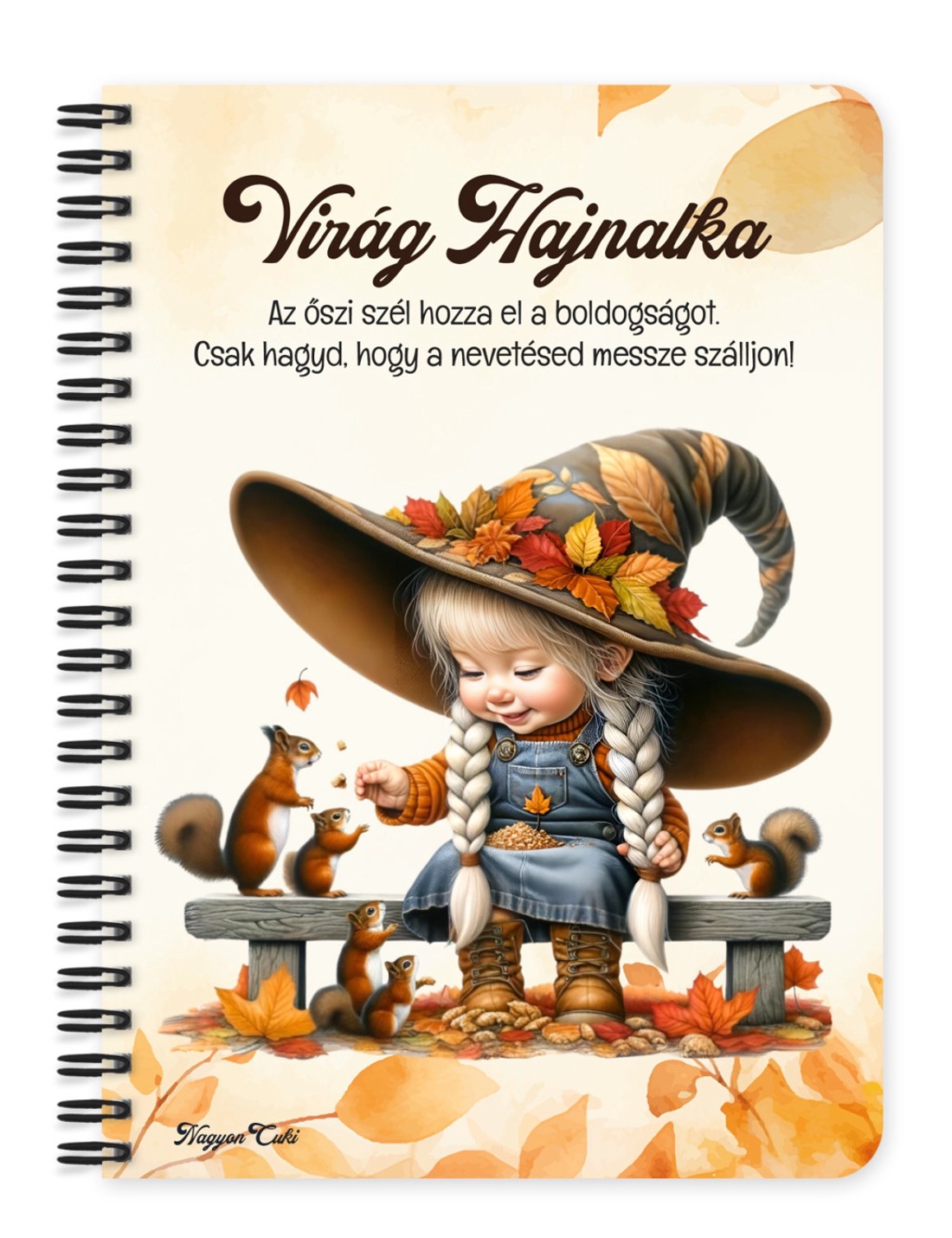 Személyre szabható - Őszi manó lány és a mókusok mintás A6-os füzet - otthon & életmód - papír, írószer - jegyzetfüzet & napló - Meska.hu