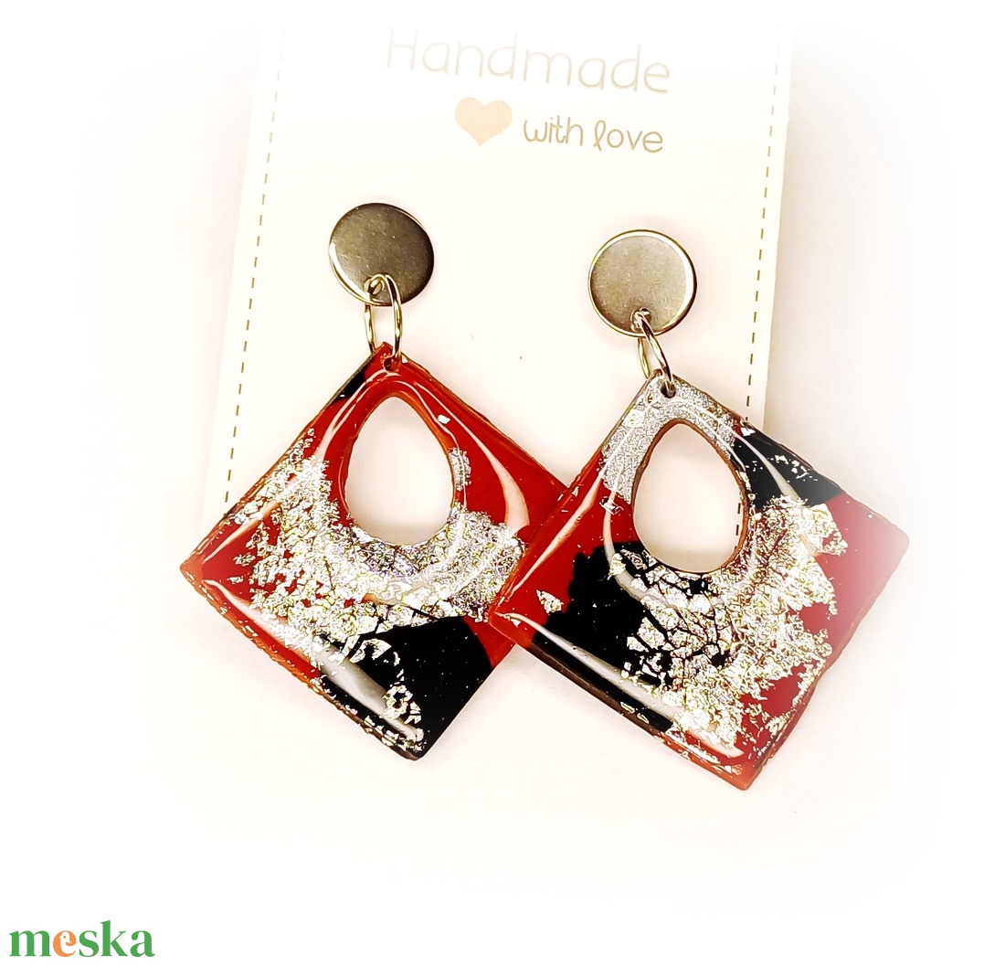 Piros-fekete-ezüst fülbevaló - ékszer - fülbevaló - lógó fülbevaló - Meska.hu