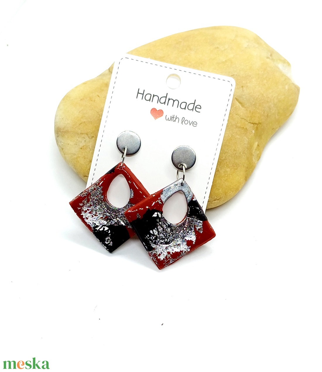 Piros-fekete-ezüst fülbevaló - ékszer - fülbevaló - lógó fülbevaló - Meska.hu