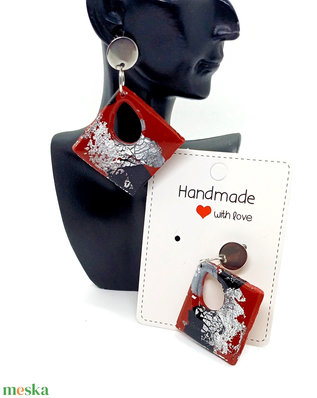 Piros-fekete-ezüst fülbevaló - ékszer - fülbevaló - lógó fülbevaló - Meska.hu