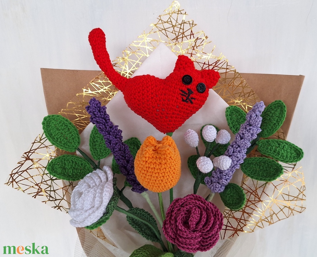 Horgolt virágcsokor szív alakú cicával - otthon & életmód - dekoráció - dísztárgy - Meska.hu Horgolt virágcsokor szív alakú cicával - otthon & életmód - dekoráció - dísztárgy - Meska.hu