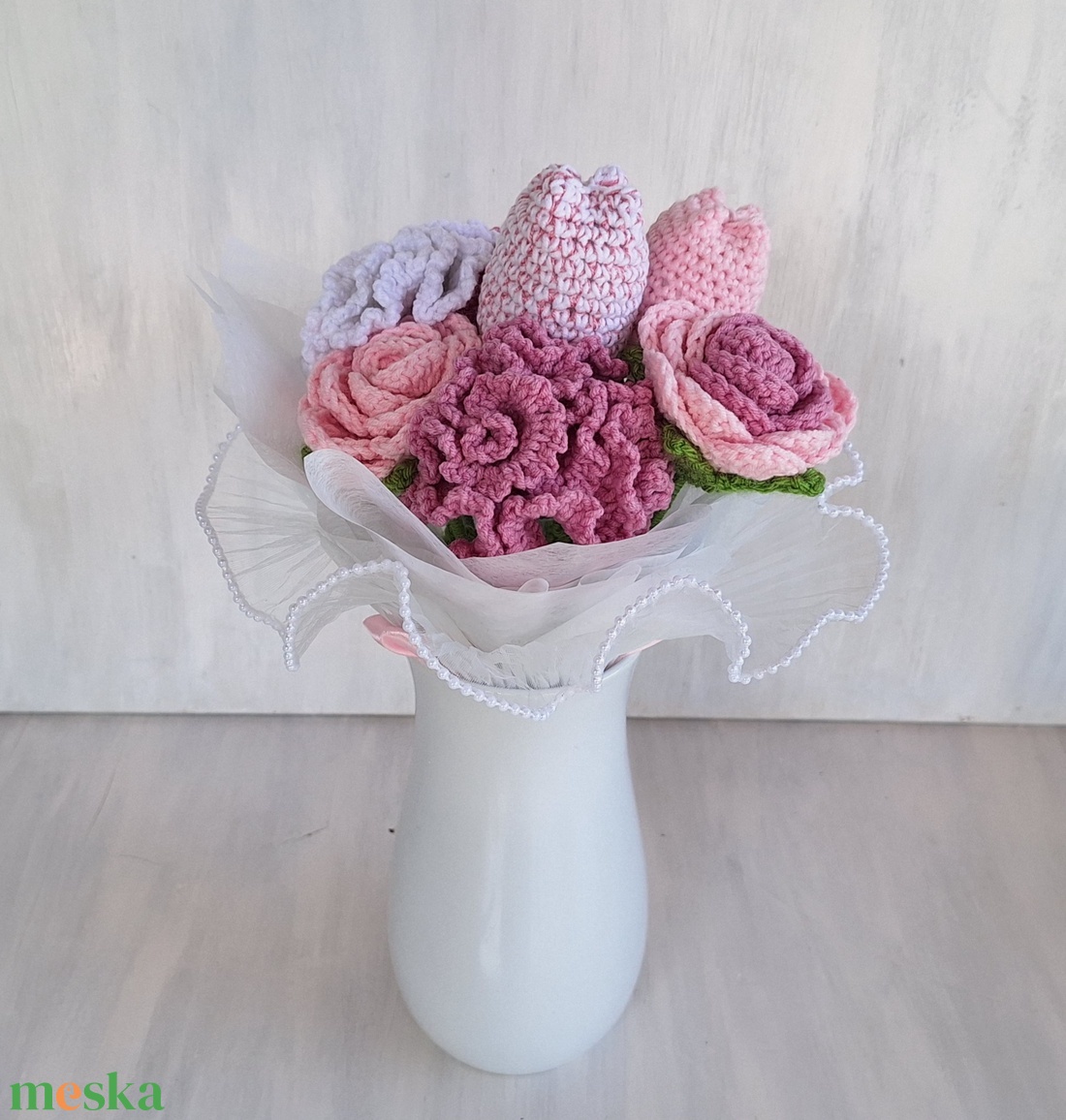 Horgolt virágcsokor � romantikus örökcsokor szatén masnival - otthon & életmód - virágdekoráció - virágok - virágcsokor - Meska.hu