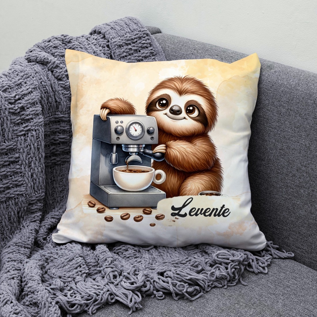 Névvel kérhető - Barista Kávés lajhár mintás párna - otthon & életmód - lakástextil - párna & párnahuzat - díszpárna (belsővel együtt) - Meska.hu