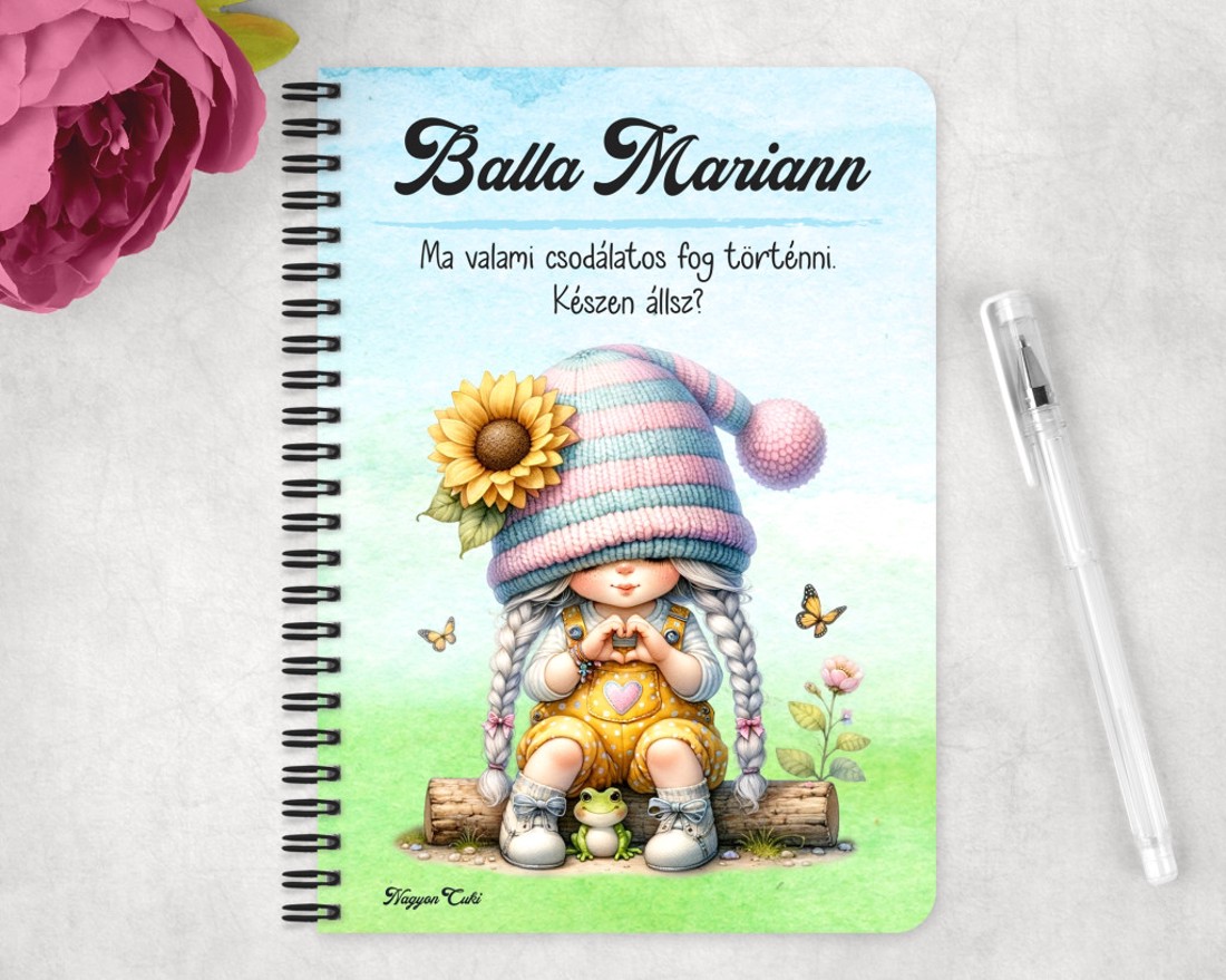 Személyre szabható - Szívecskés napraforgós manó lány mintás A6-os füzet - otthon & életmód - papír, írószer - jegyzetfüzet & napló - Meska.hu
