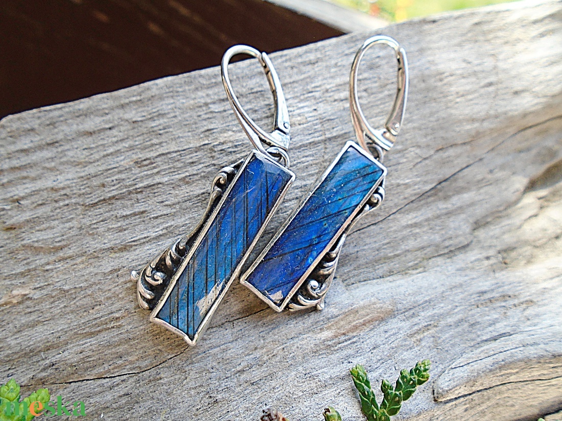 Ezüst Ag925 Labradorit fülbevaló - ékszer - fülbevaló - lógó fülbevaló - Meska.hu