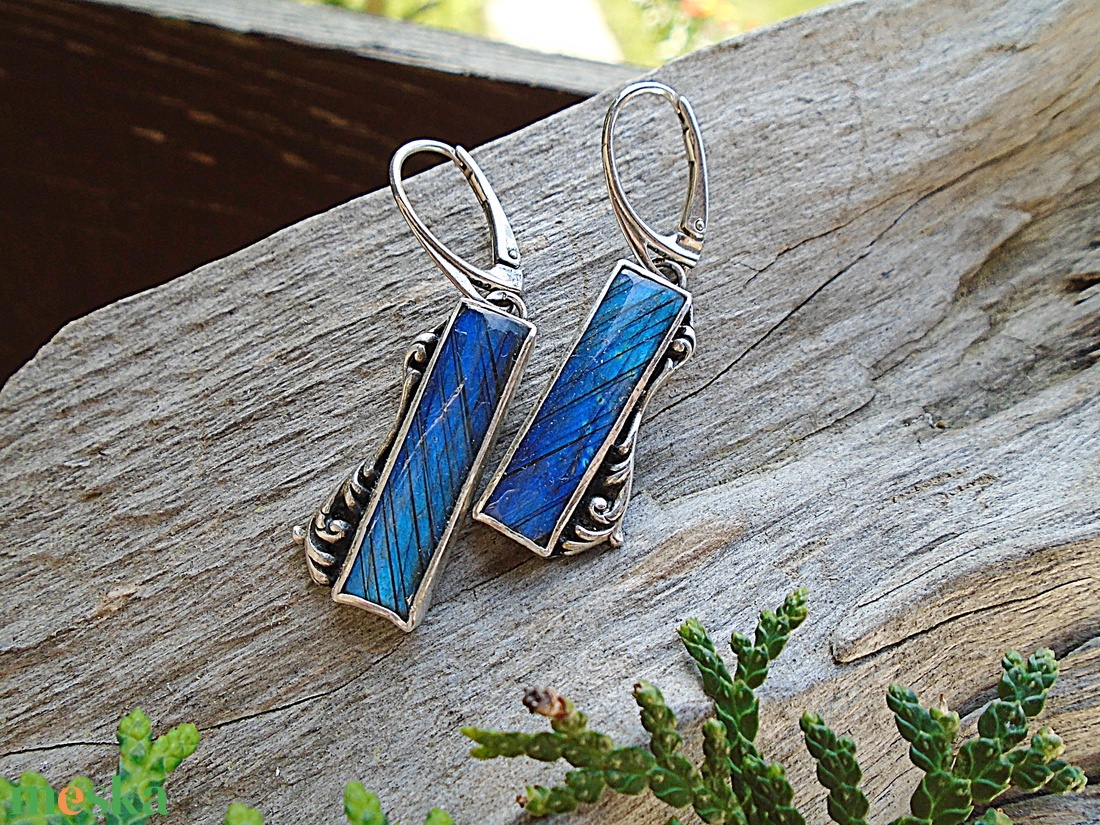 Ezüst Ag925 Labradorit fülbevaló - ékszer - fülbevaló - lógó fülbevaló - Meska.hu