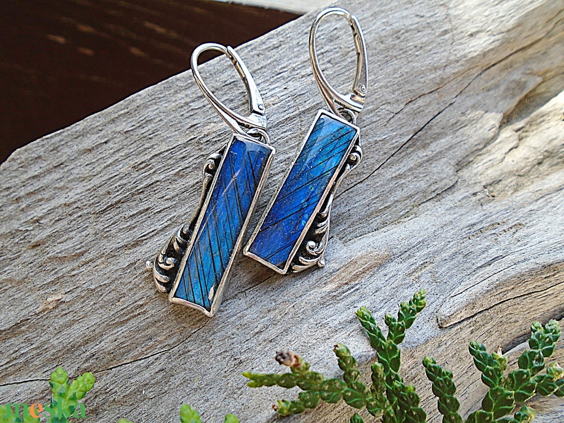 Ezüst Ag925 Labradorit fülbevaló - ékszer - fülbevaló - lógó fülbevaló - Meska.hu