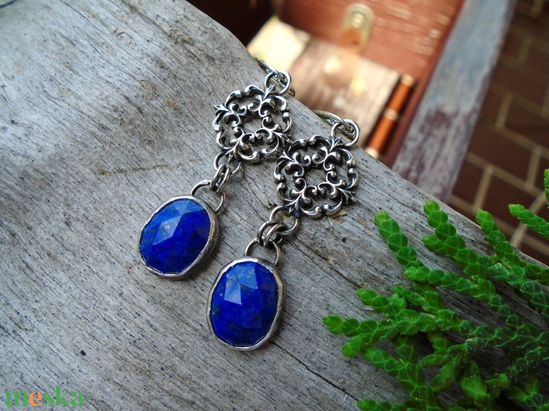 Ezüst  fülbevaló Ag925 Lapis Lazuli Rozet - ékszer - fülbevaló - lógó fülbevaló - Meska.hu