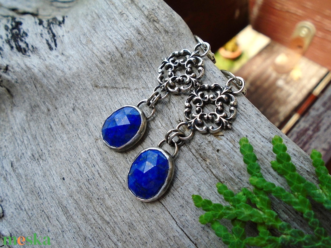 Ezüst  fülbevaló Ag925 Lapis Lazuli Rozet - ékszer - fülbevaló - lógó fülbevaló - Meska.hu