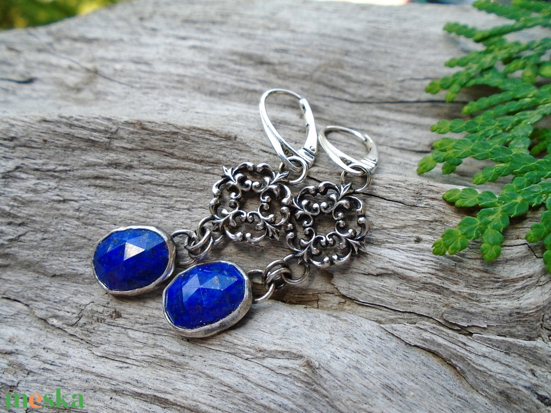 Ezüst  fülbevaló Ag925 Lapis Lazuli Rozet - ékszer - fülbevaló - lógó fülbevaló - Meska.hu