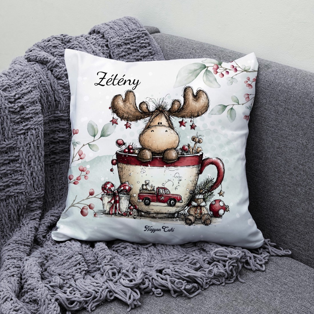 Névvel kérhető - Cuki téli jávorszarvas mintás párna - otthon & életmód - lakástextil - párna & párnahuzat - díszpárna (belsővel együtt) - Meska.hu