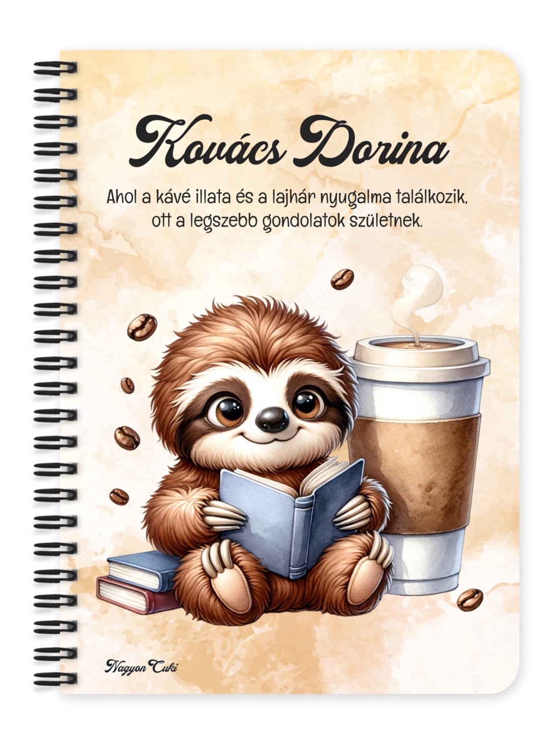 Személyre szabható - Kis kávés lajhár és a könyv mintás A6-os füzet - otthon & életmód - papír, írószer - jegyzetfüzet & napló - Meska.hu
