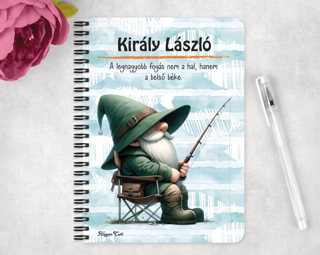 Személyre szabható - Türelmes horgász manó mintás A5-ös füzet - otthon & életmód - papír, írószer - jegyzetfüzet & napló - Meska.hu