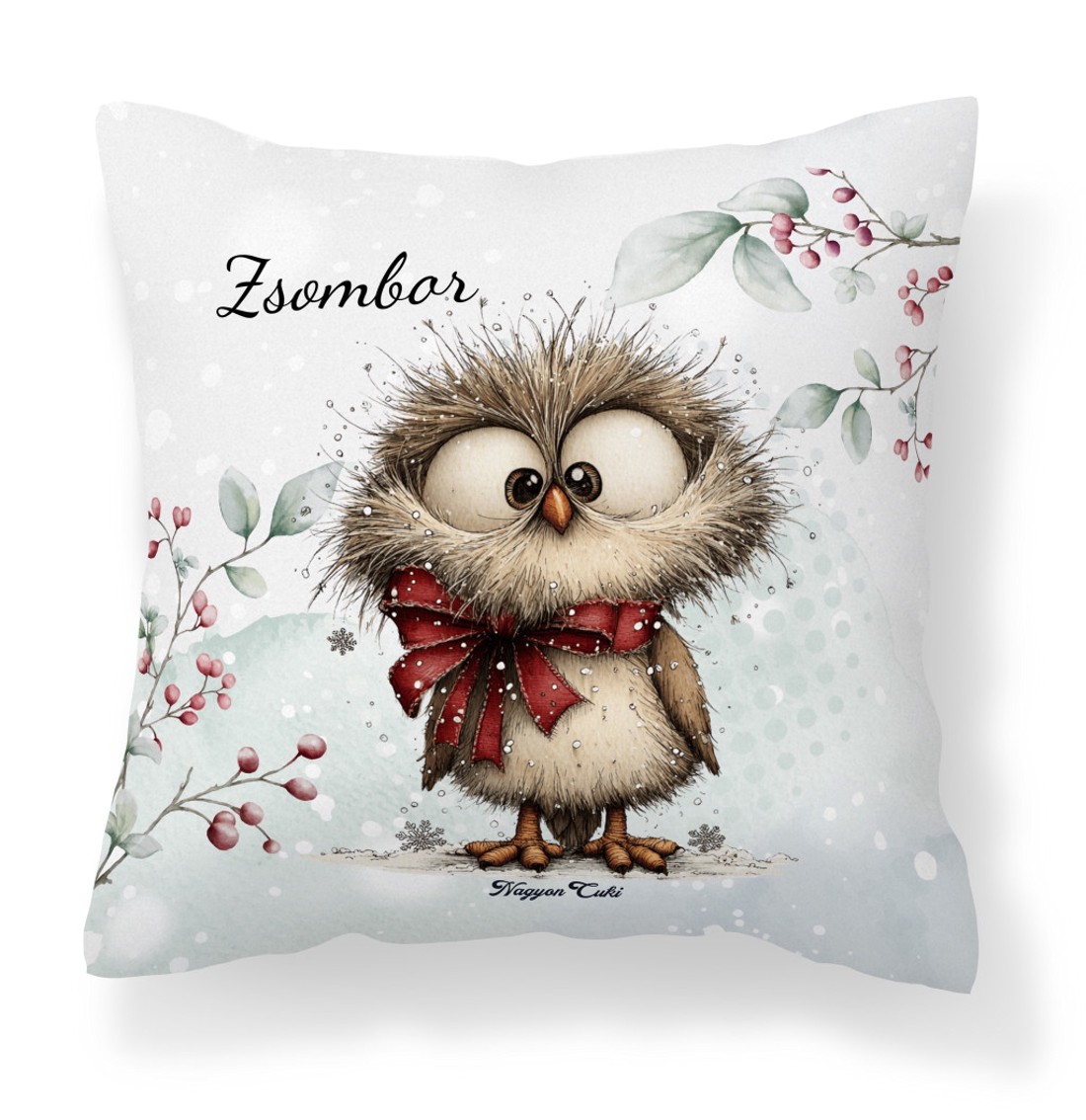 Névvel kérhető - Cuki téli bagoly masnival mintás párna - otthon & életmód - lakástextil - párna & párnahuzat - díszpárna (belsővel együtt) - Meska.hu