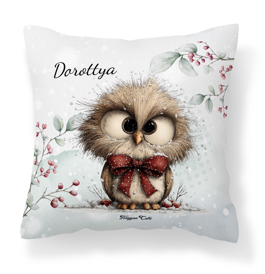 Névvel kérhető - Cuki téli bagoly nagy masnival mintás párna - otthon & életmód - lakástextil - párna & párnahuzat - díszpárna (belsővel együtt) - Meska.hu