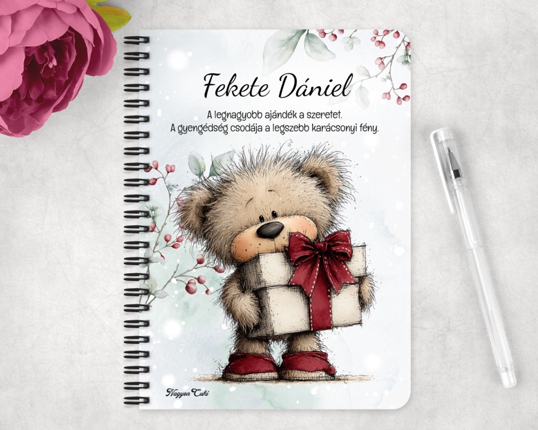 Személyre szabható - Cuki téli maci ajándékkal mintás A6-os füzet - otthon & életmód - papír, írószer - jegyzetfüzet & napló - Meska.hu