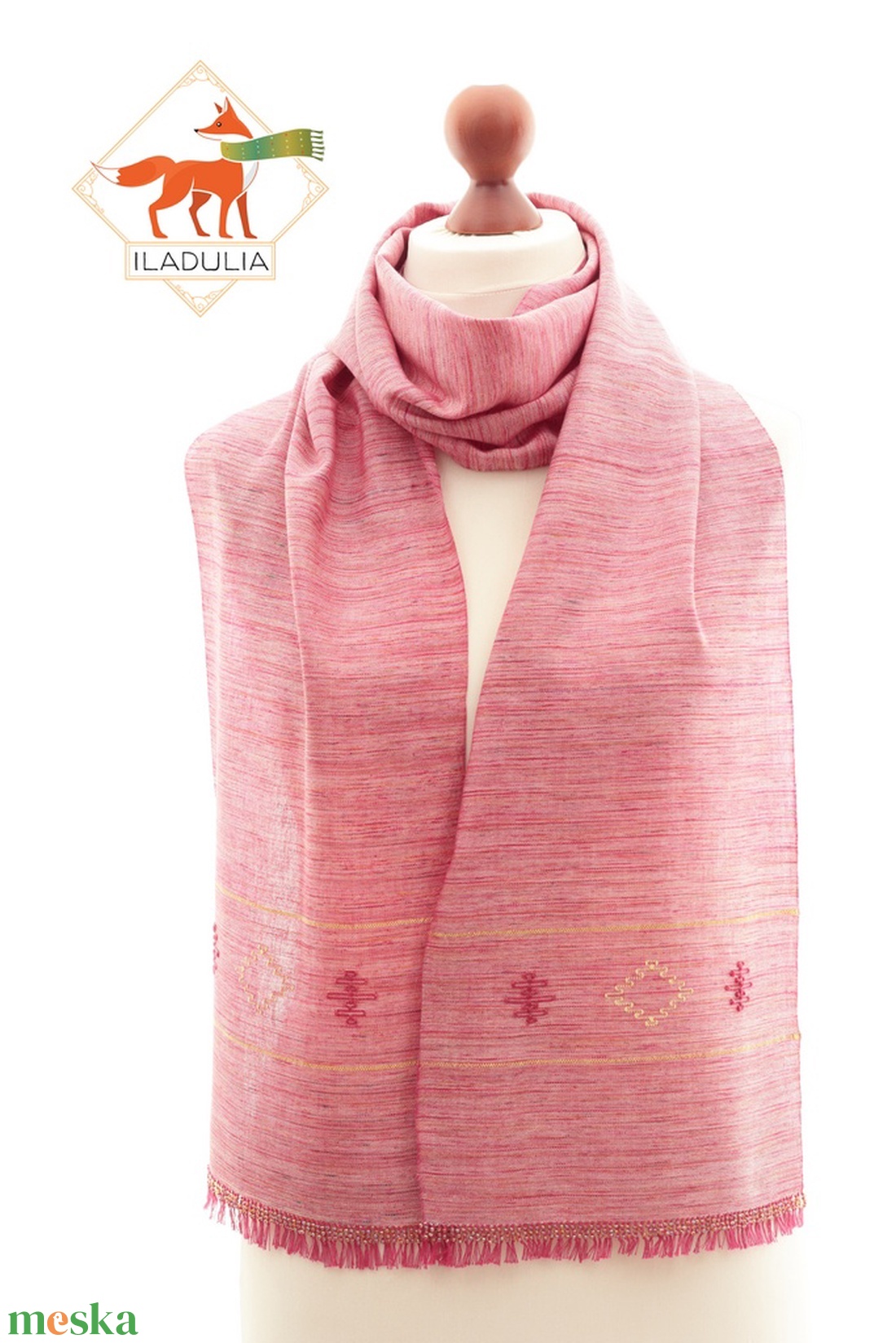 Kézzel festett hernyóselyem, gyöngyös rojttal díszített kézi szőttes sál. (62) - ruha & divat - sál, sapka, kendő - sál - Meska.hu